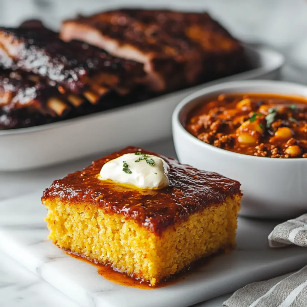 Southern cornbread served with chili and BBQ ribs