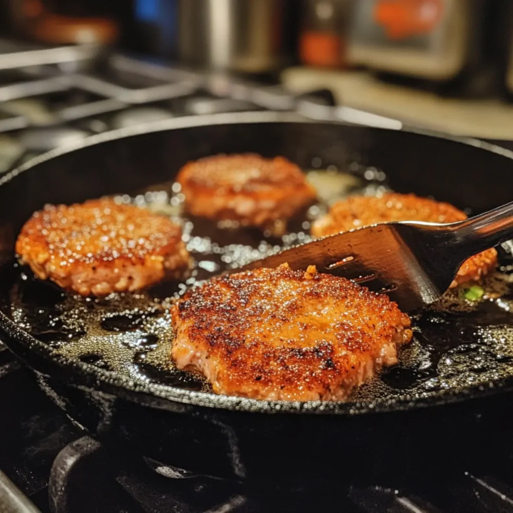 Old Fashioned Salmon Patties Recipe-Salmon patties frying in a cast-iron skillet with golden crusts.