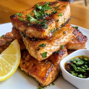 Crispy salmon bites served on a plate with lemon and dipping sauce.