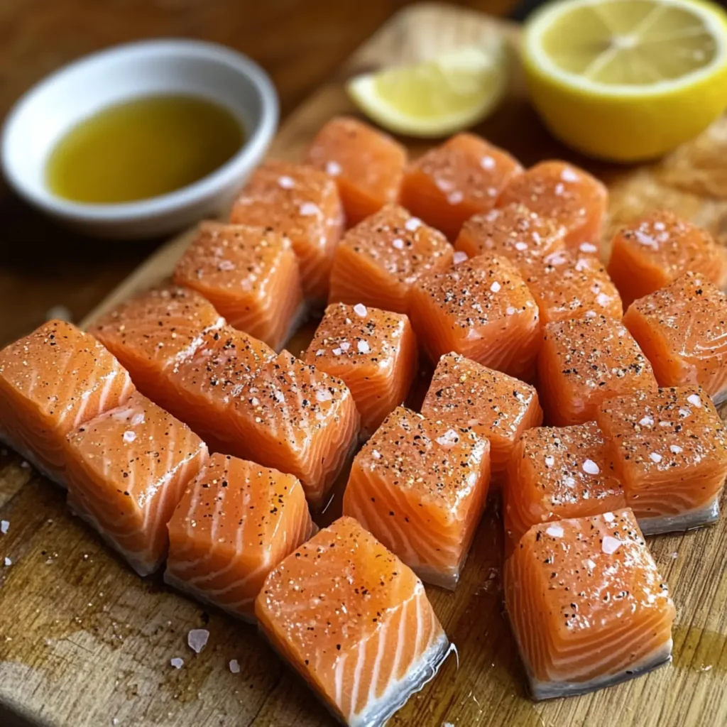 Salmon Bites Recipe-Fresh salmon cubes seasoned with spices before cooking.