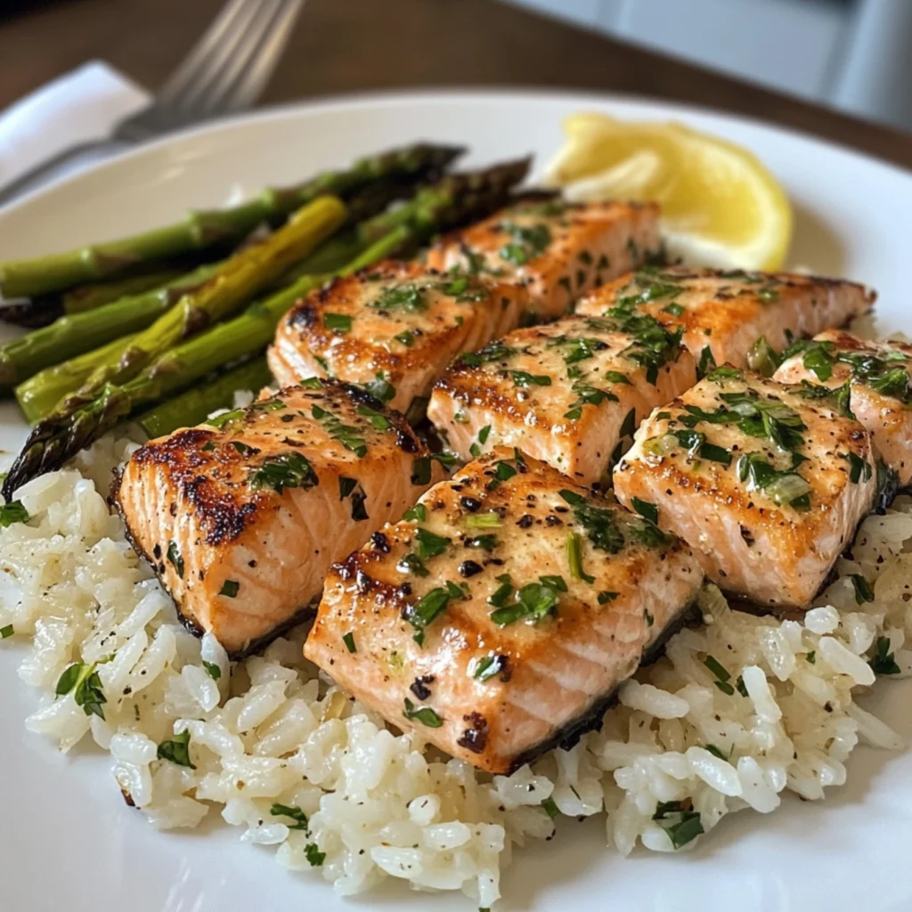 Salmon bites served over garlic butter rice with asparagus.