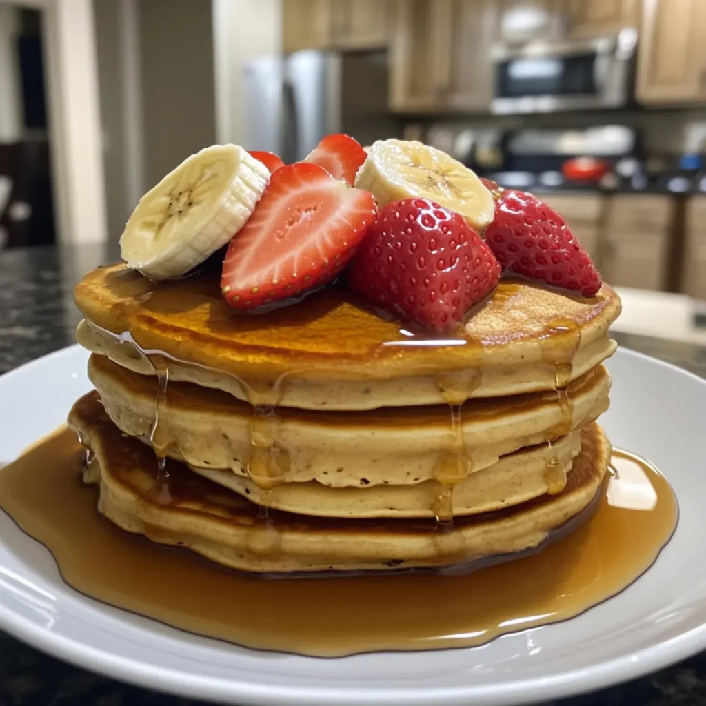 Fluffy vegan pancakes with maple syrup and fresh fruit.