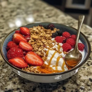 A colorful breakfast bowl with Greek yogurt, berries, and granola.