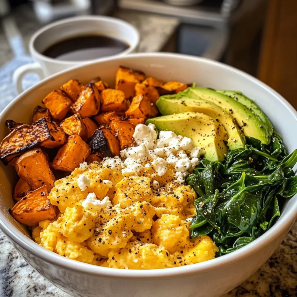 Breakfast Bowl Recipe-Savory breakfast bowl with eggs, avocado, and sweet potatoes.