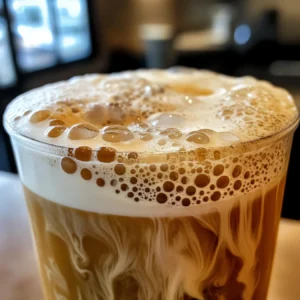 Cold foam being poured over iced coffee.