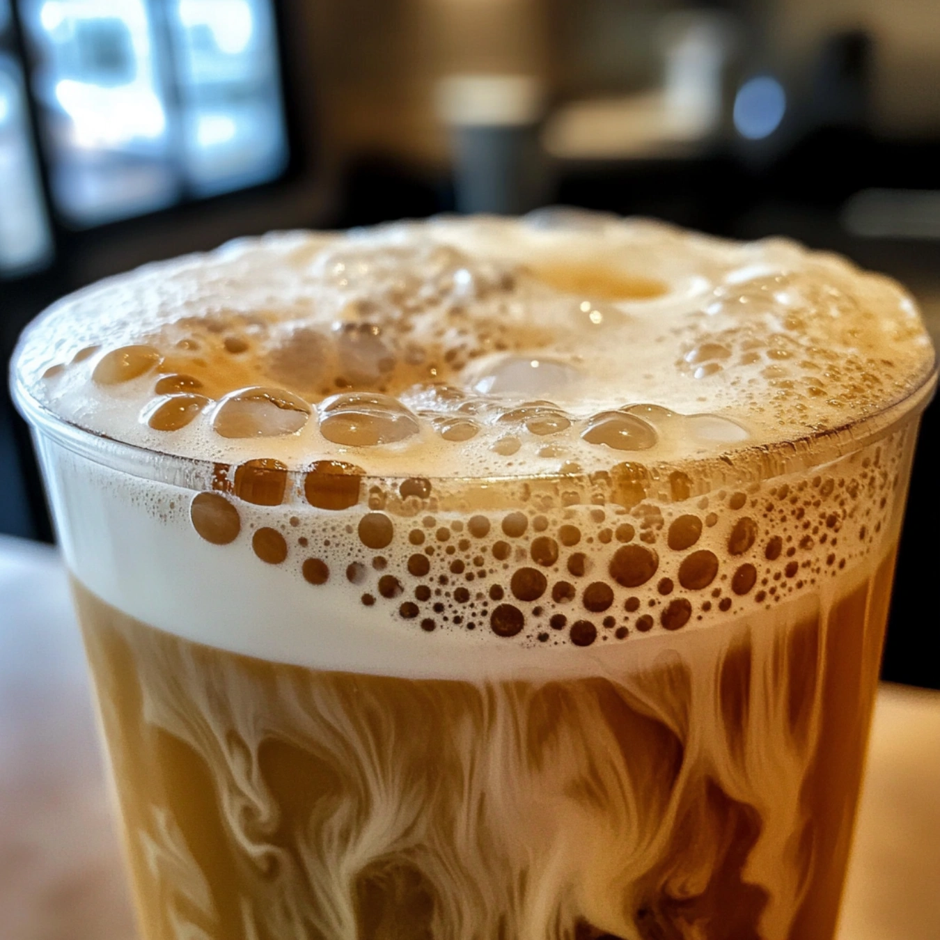 Cold foam being poured over iced coffee.