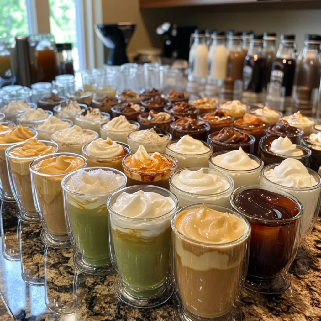 Different cold foam flavors displayed in glass cups.