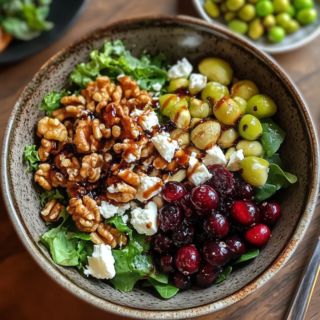 A fresh salad with Craisins, feta cheese, and walnuts.
