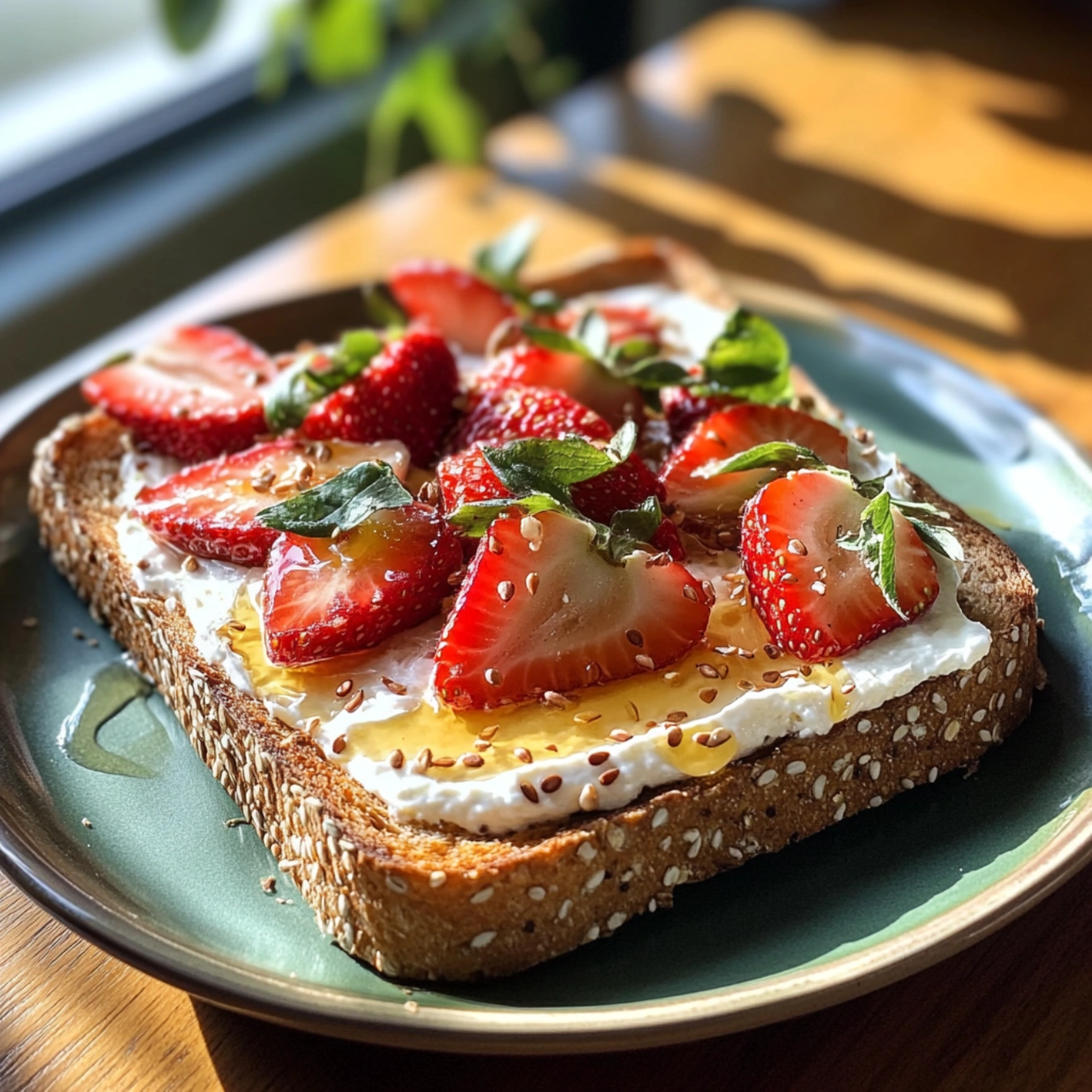 Cottage Cheese Toast with strawberries and honey on a wooden plate.