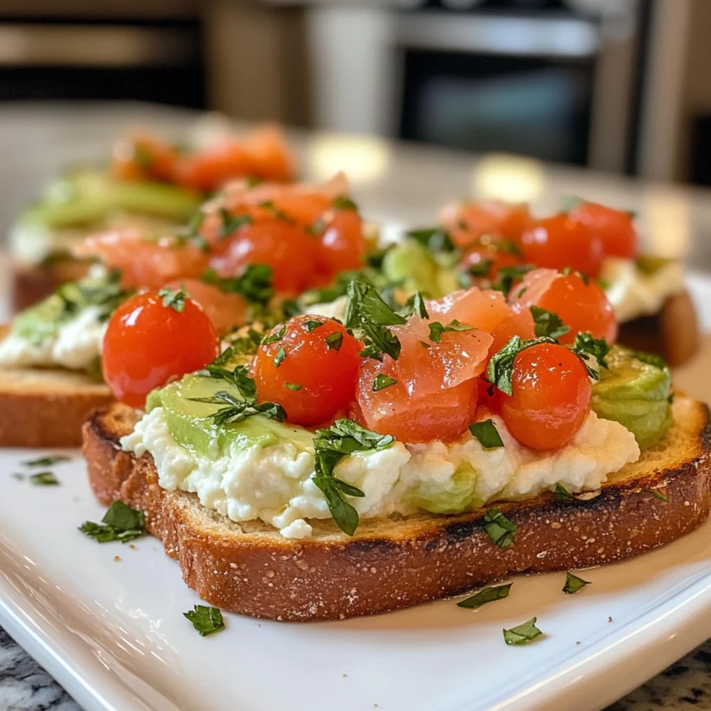 Savory cottage cheese toast with avocado, tomatoes, and salmon.