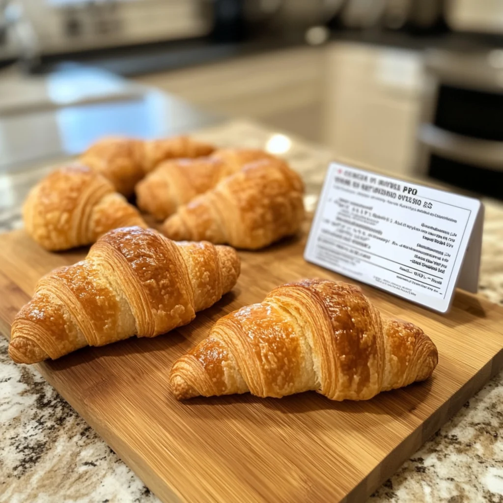 Costco croissant calories-Costco croissant nutrition label with a croissant on a cutting board.