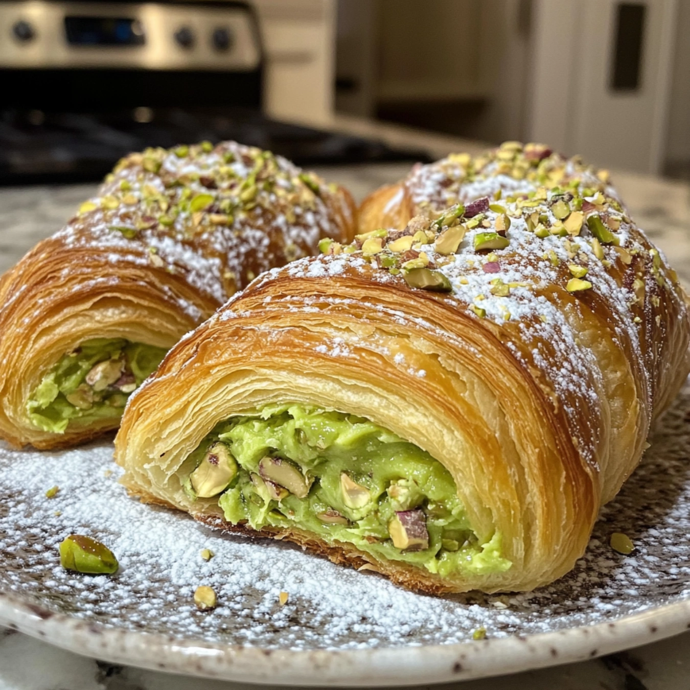 Flaky Pistachio Croissant with Pistachio Frangipane Filling