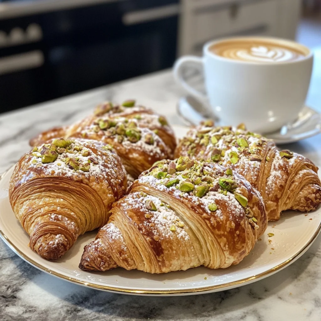 Pistachio Croissants Served with Coffee in a Café