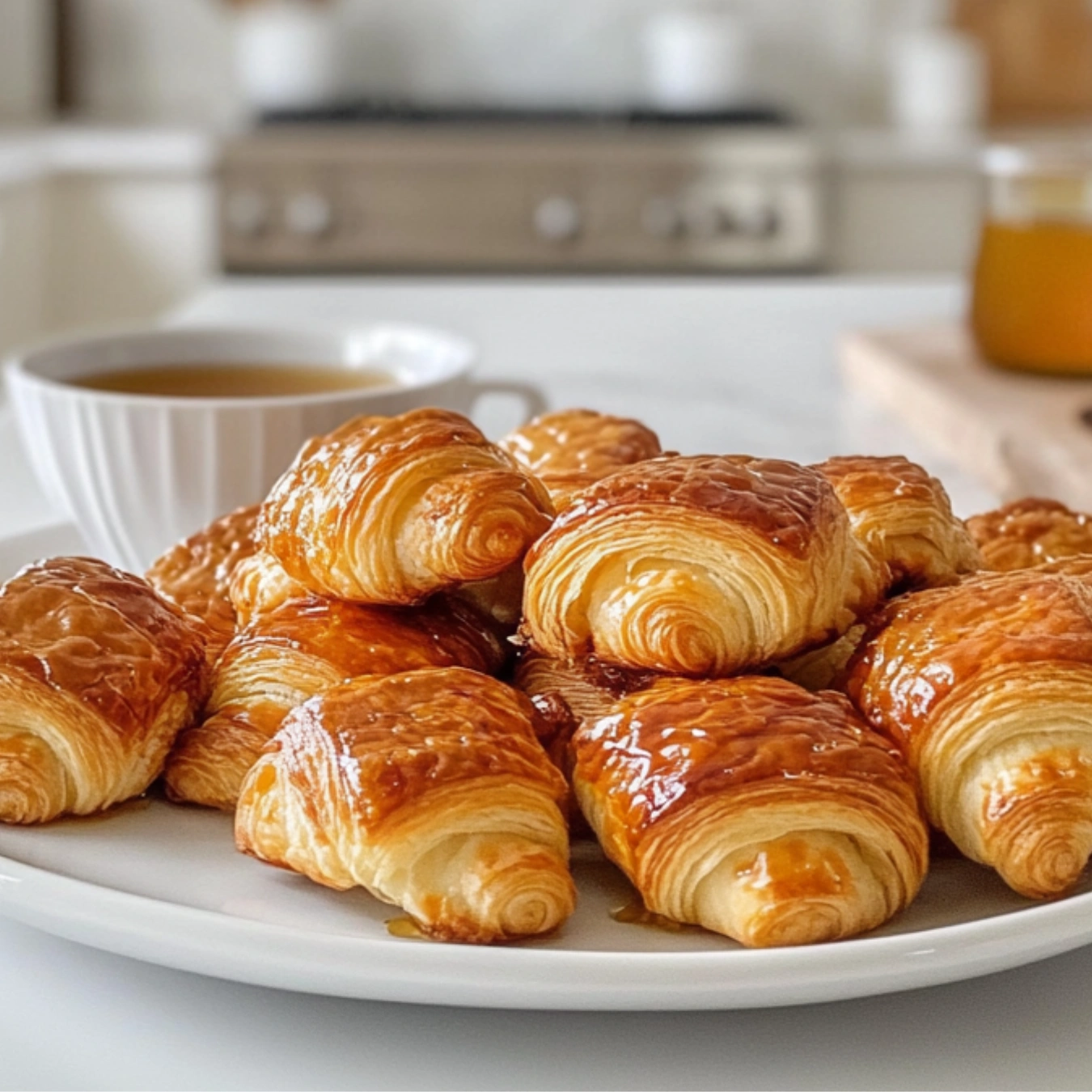 Freshly baked mini croissants on a wooden plate with honey and coffee.