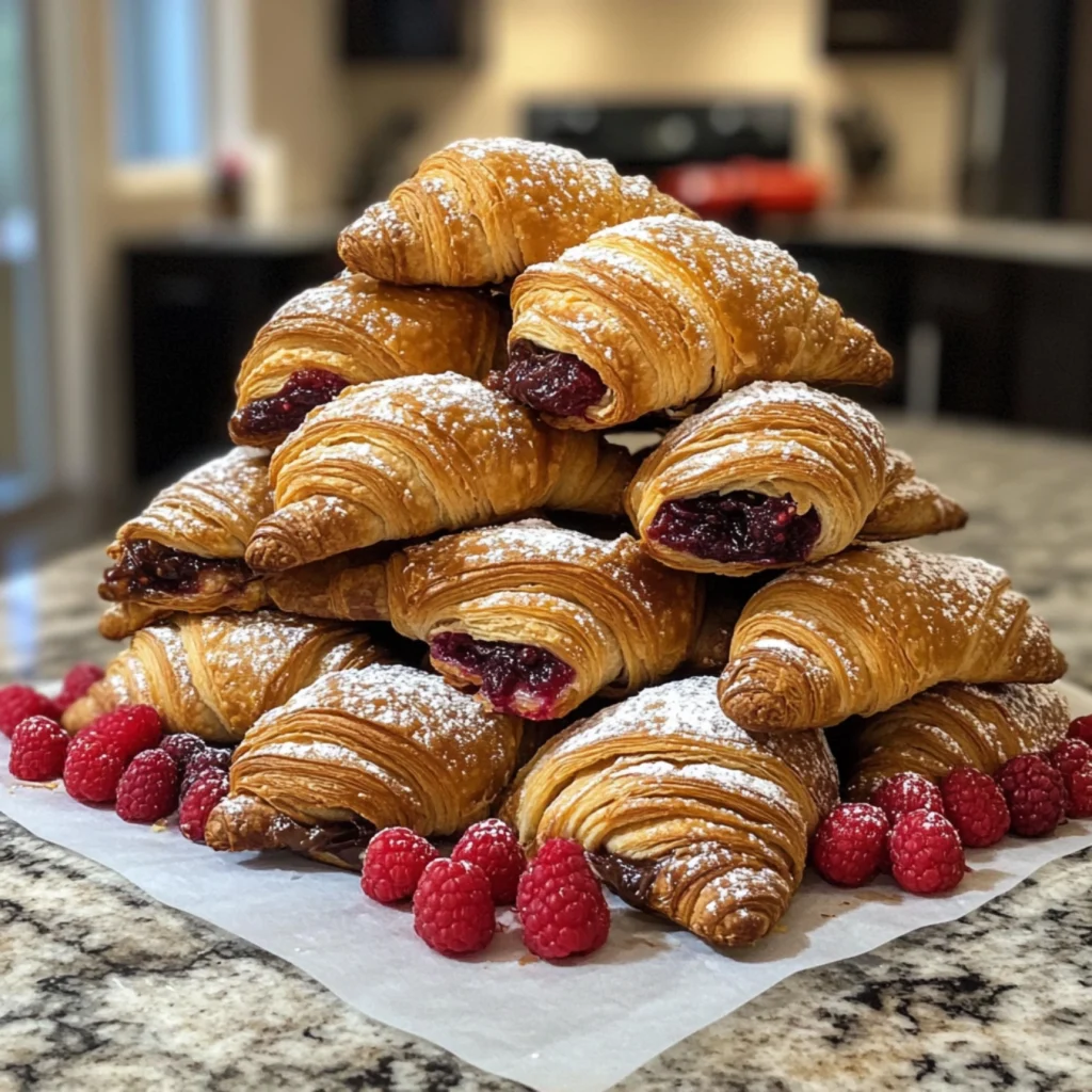 Mini Croissants-Sweet mini croissants with chocolate, almonds, and raspberry jam.