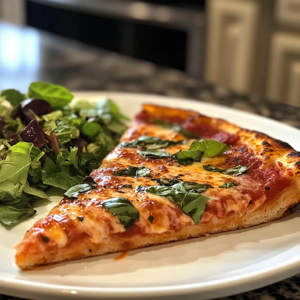 Pizza Rustica Recipe -A plated slice of Pizza Rustica with basil and a glass
