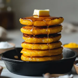 Stack of golden hoe cakes topped with honey and butter on a rustic table.