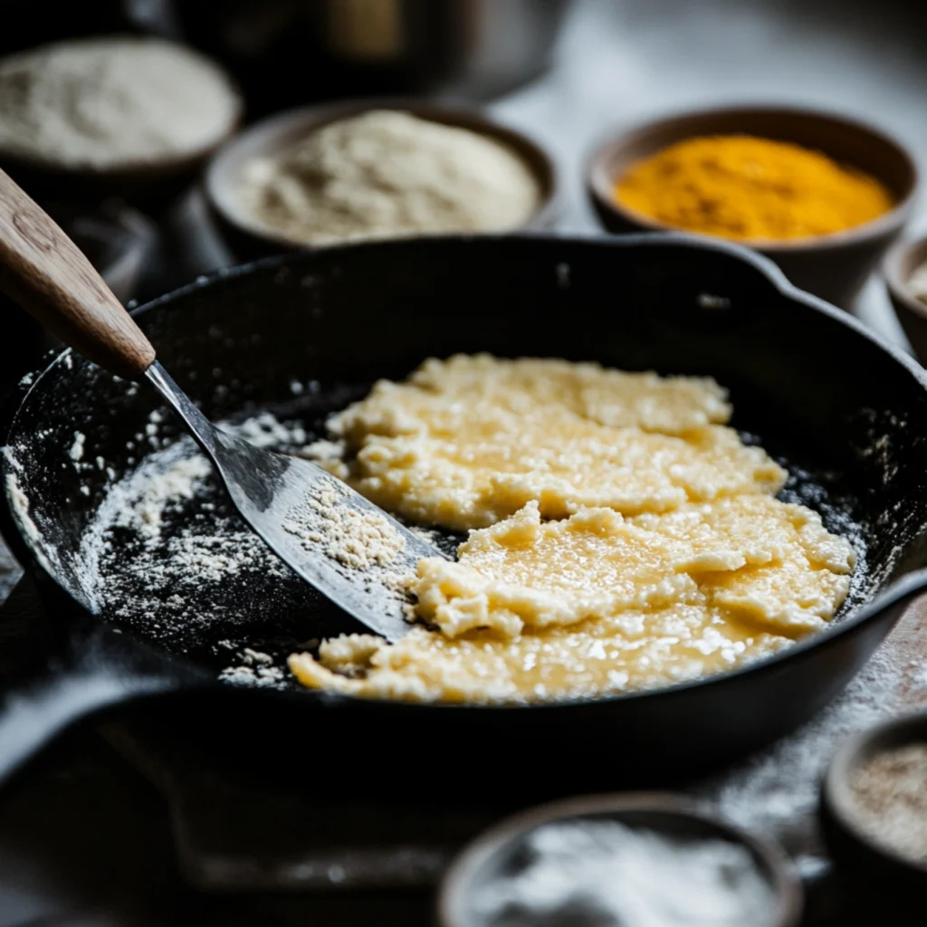 Cast-iron skillet frying hoe cakes with a spatula flipping one.