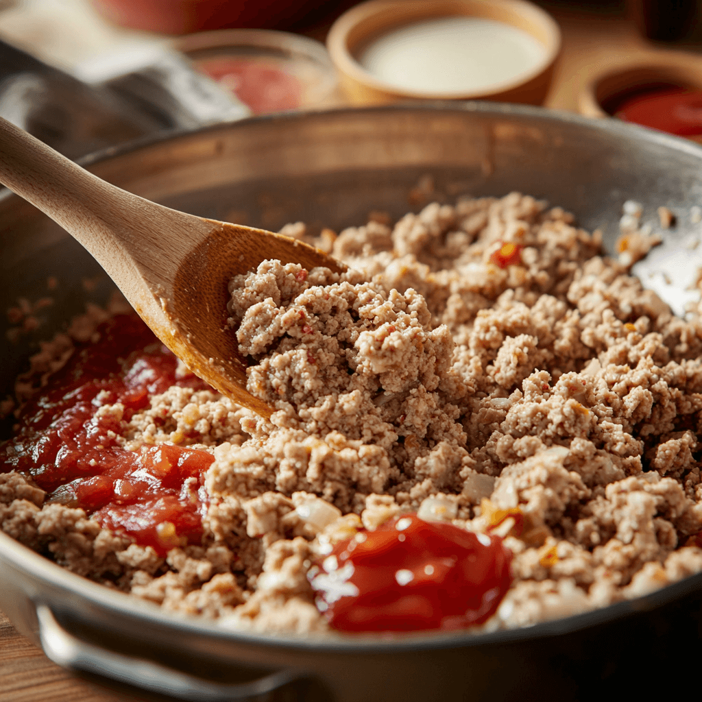 Lipton Onion Soup Meatloaf-cooking meatballs with tomato sauce and an onion