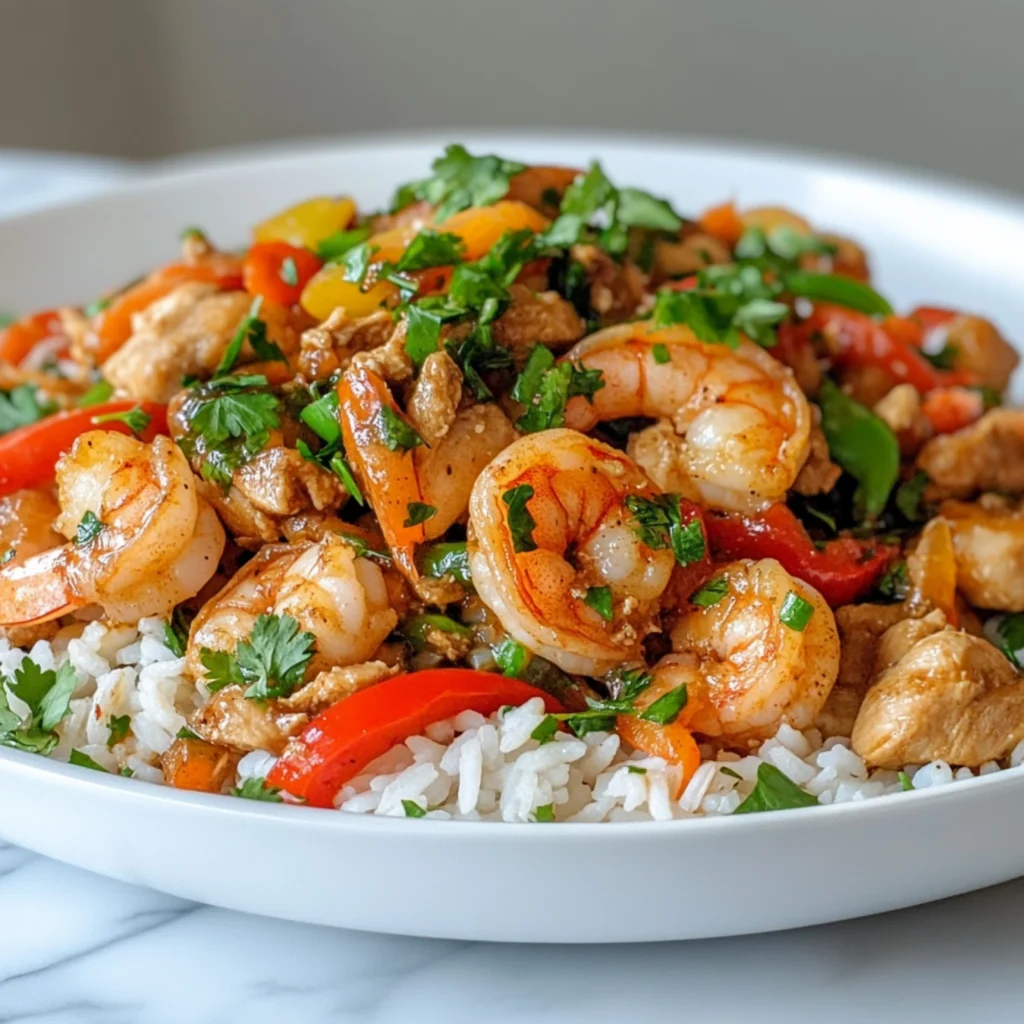 Plated shrimp and chicken stir-fry with vegetables and rice.