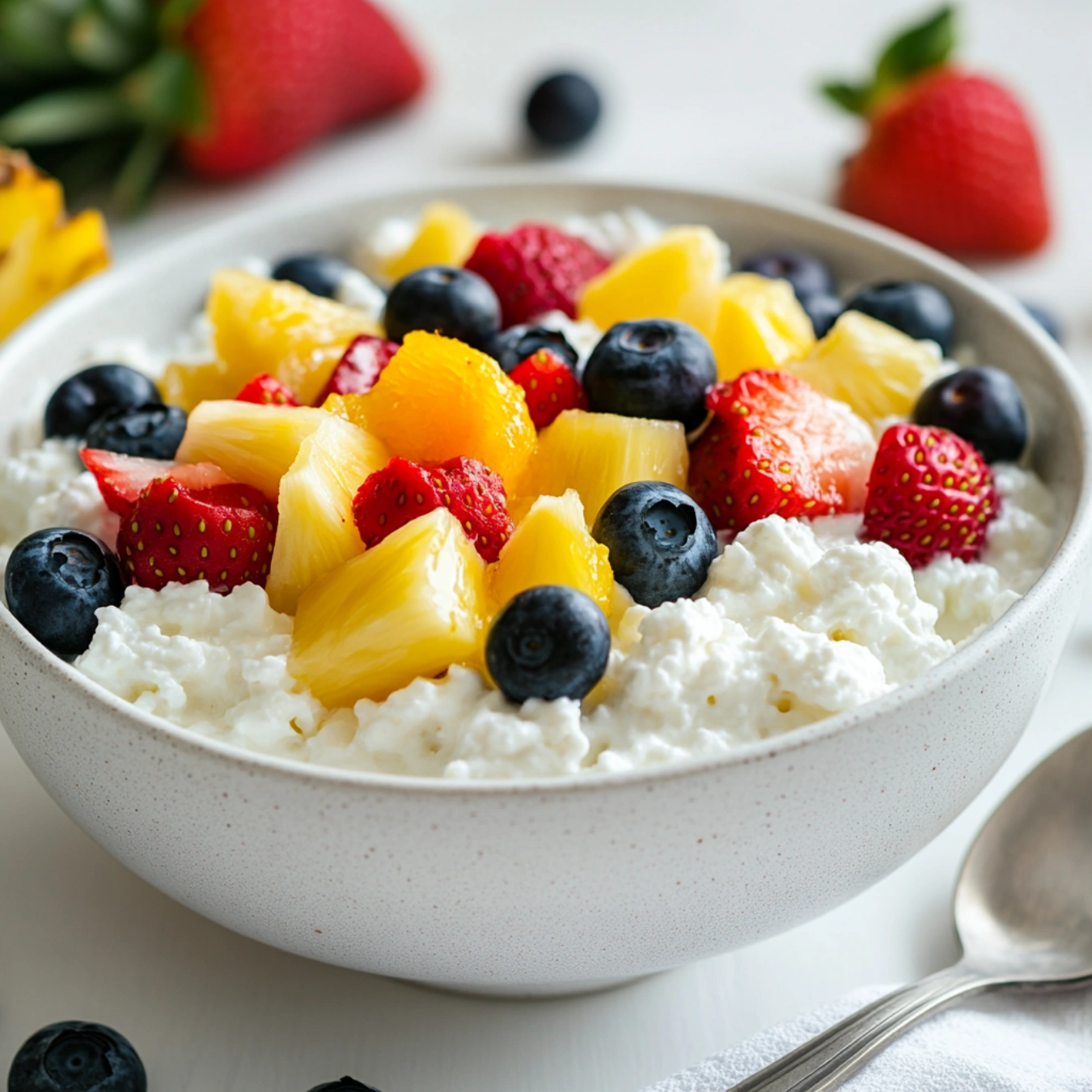 Bowl of cottage cheese with fresh fruits.