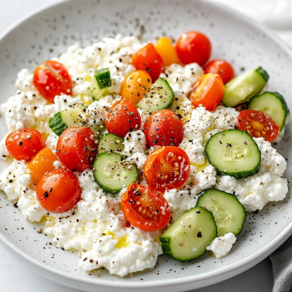 Savory cottage cheese with tomatoes and cucumbers.