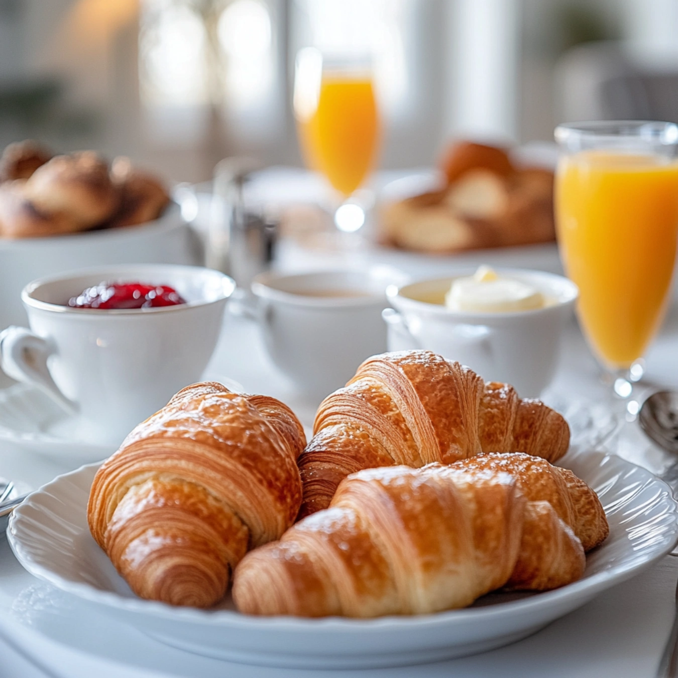 French breakfast table with croissants, baguette, and café au lait.