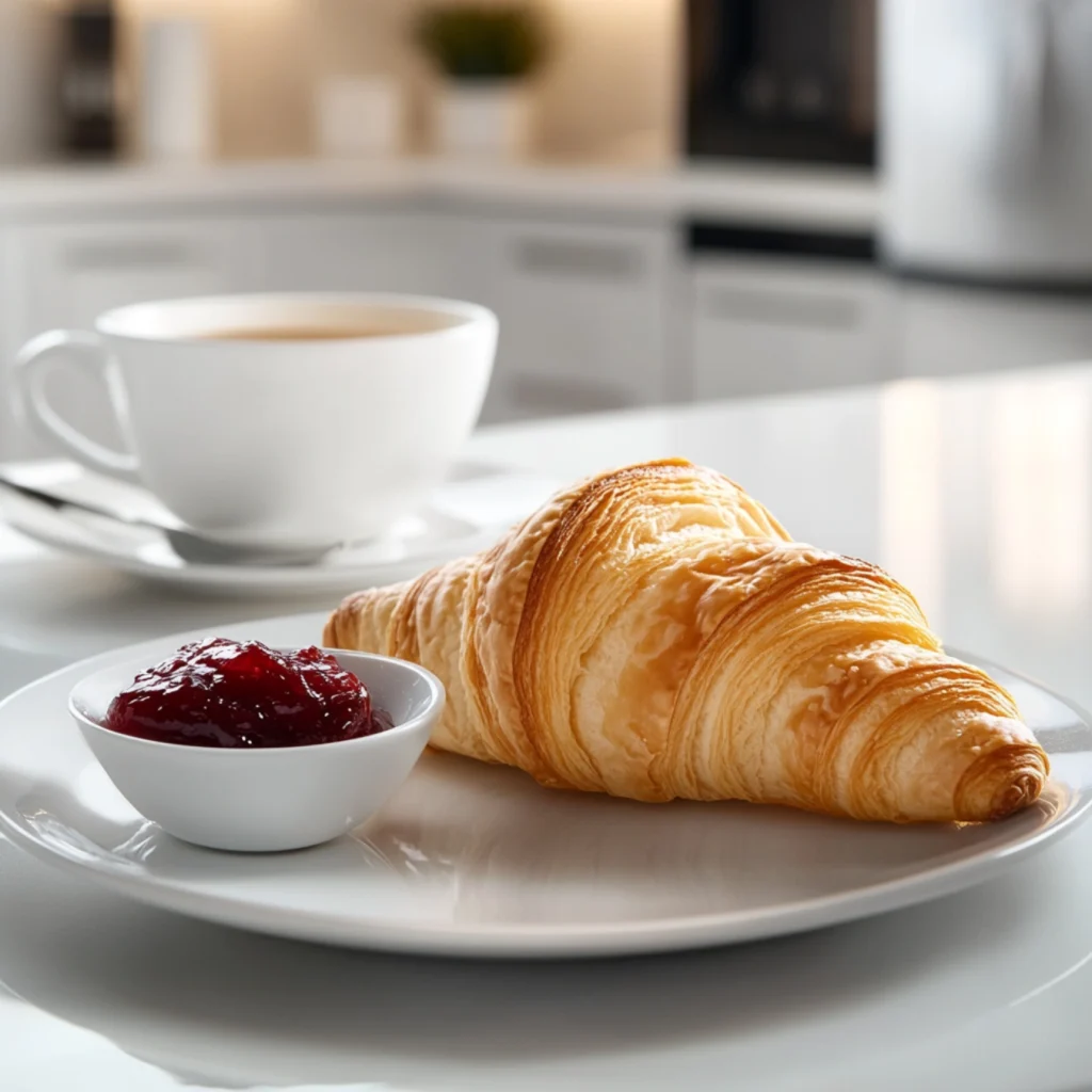 Freshly baked croissant on a plate with raspberry jam and a cup of coffee in a white kitchen.