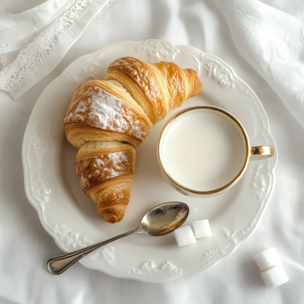 Croissant with a cup of coffee and milk, sugar cubes, and a spoon on a white tablecloth in a bright white kitchen.