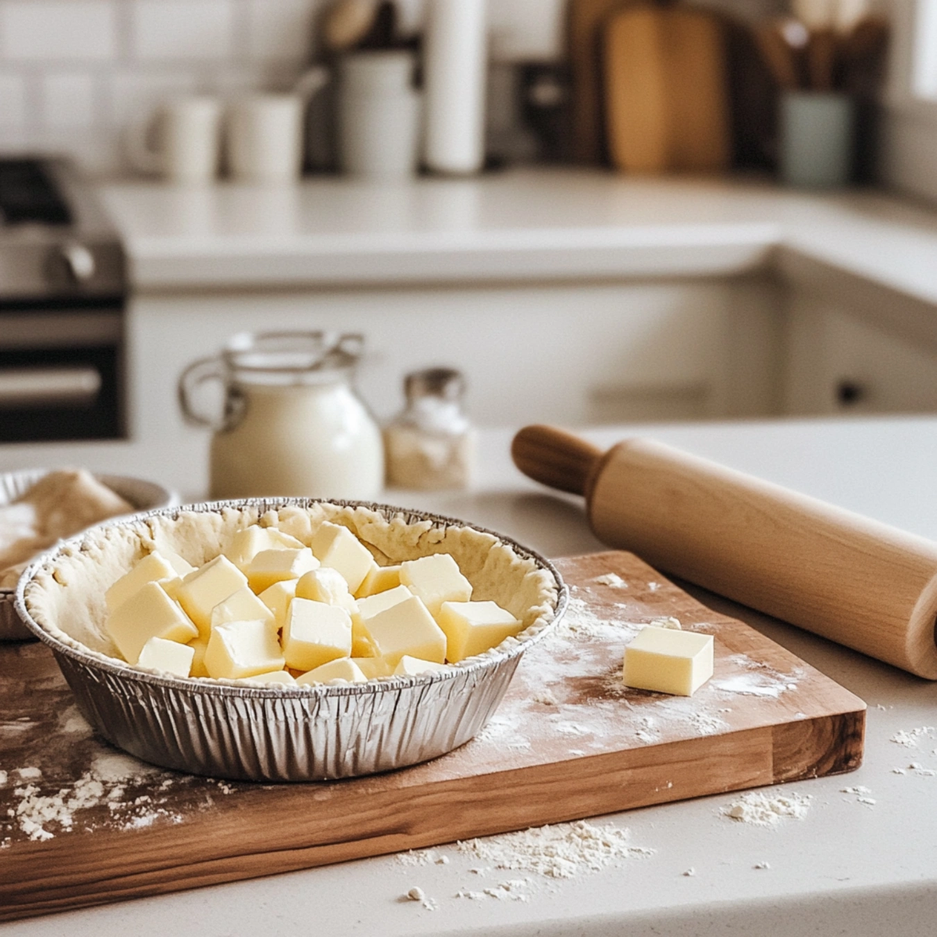 Pie crust preparation with butter cubes, Crisco, and flour on a countertop.