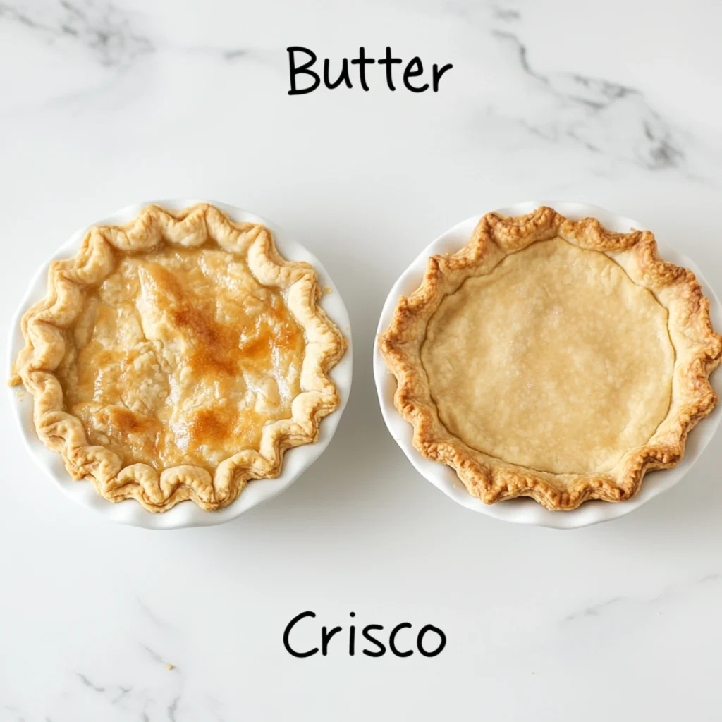 Two pie crusts side by side, one flaky from butter and one smooth from Crisco.