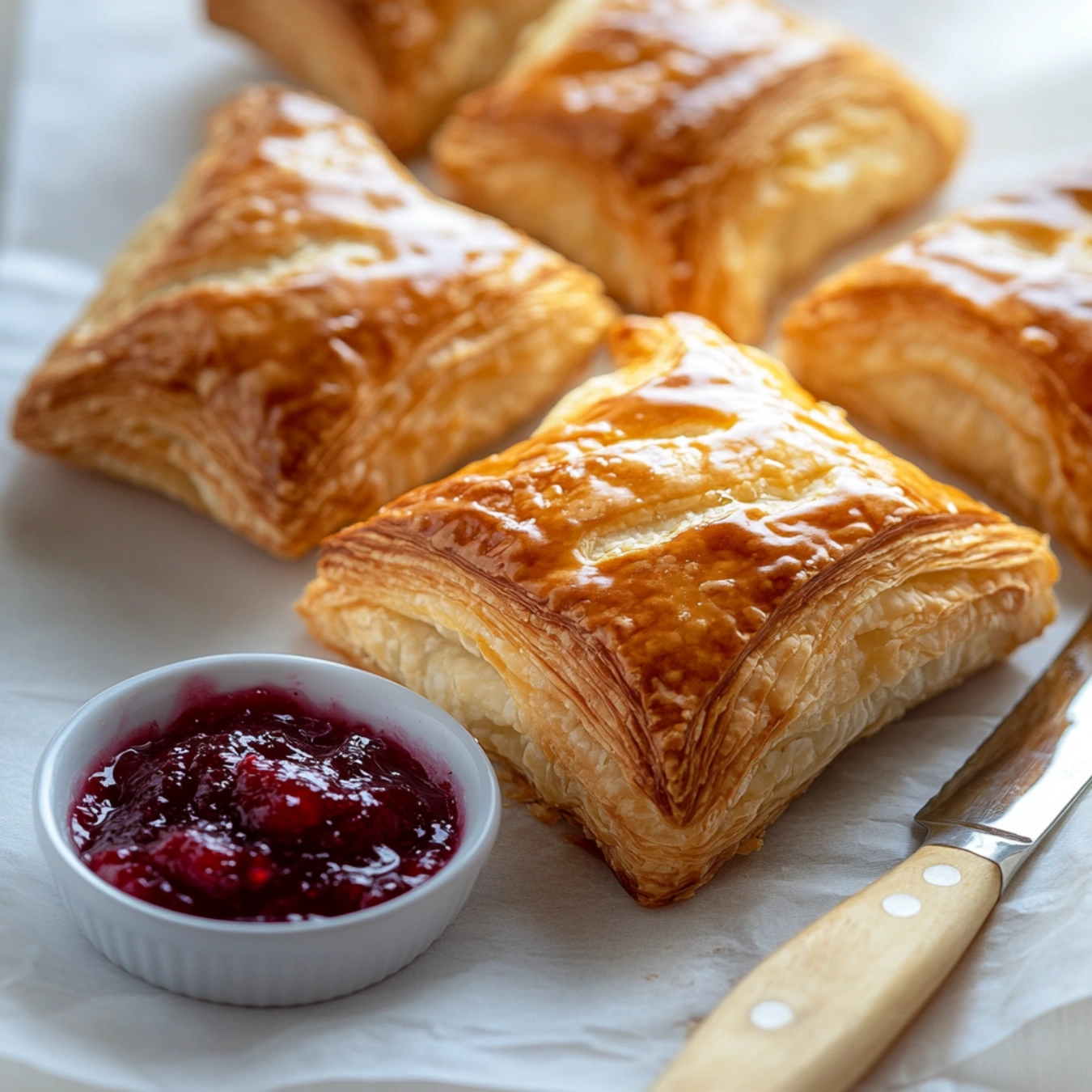 Freshly baked Swiss Gipfeli pastries with jam and butter.