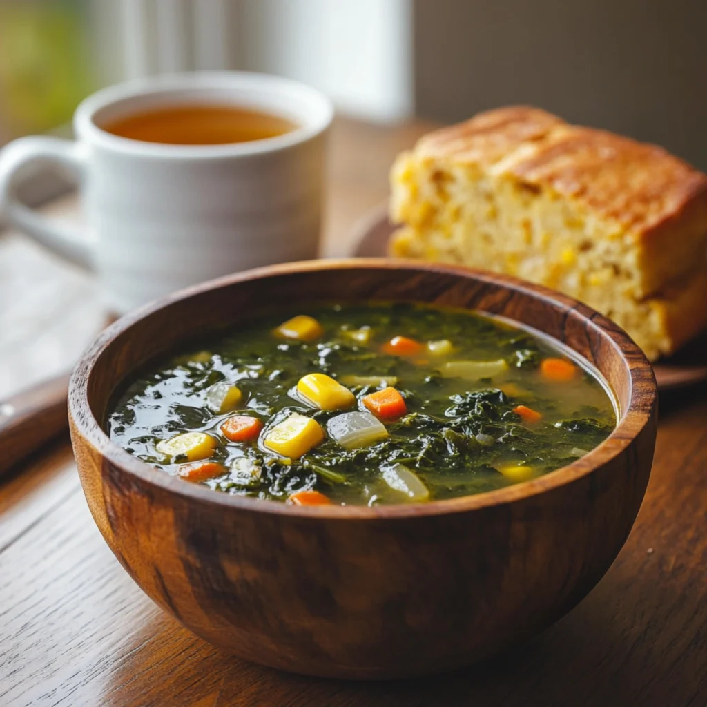 A bowl of turnip green soup with cornbread and sweet tea.