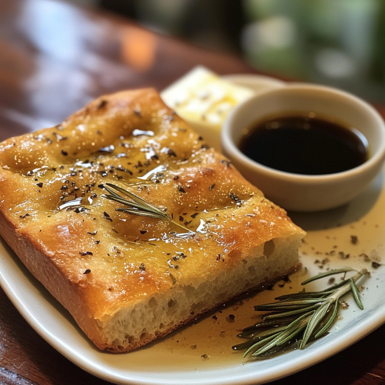 Freshly baked rosemary focaccia with olive oil and balsamic.