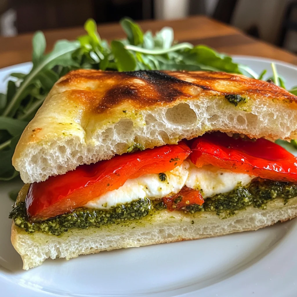 Focaccia best way to eat-Focaccia sandwich with mozzarella, roasted peppers, and pesto.