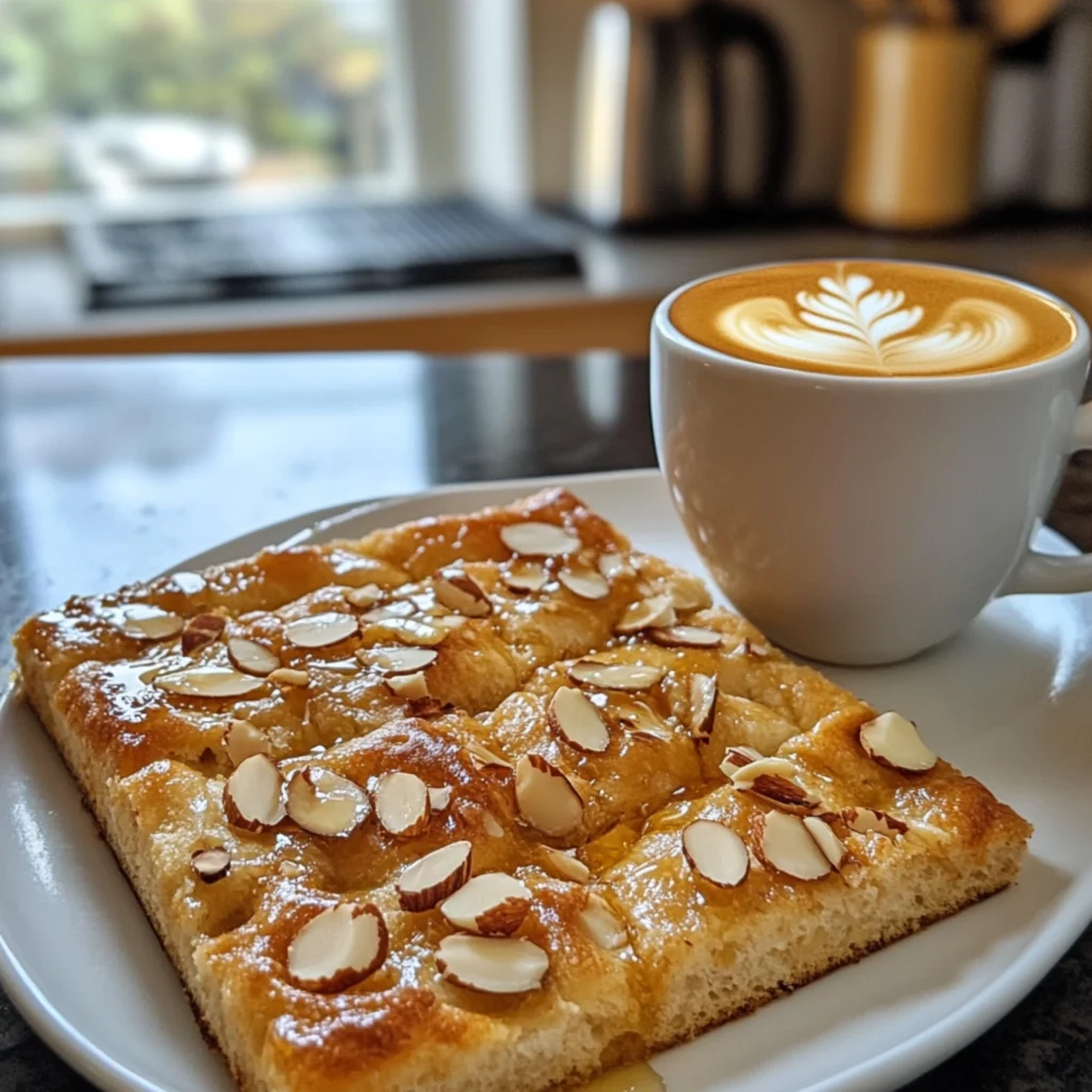 Sweet focaccia with honey and almonds served with coffee.