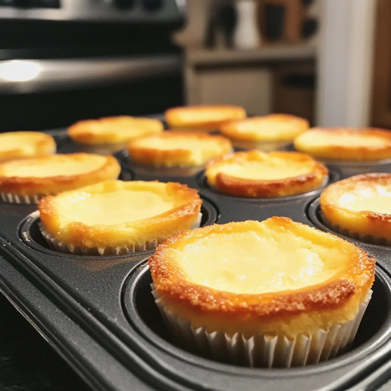Mini cheesecakes in a muffin tin with golden edges