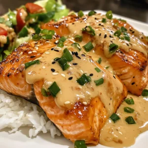 Close-up of Bang Bang Salmon with creamy sauce and garnishes.