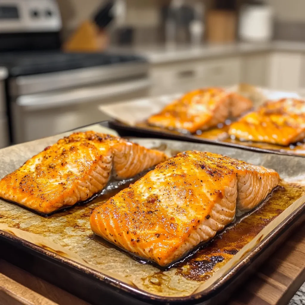 Side-by-side comparison of air-fried and oven-baked Bang Bang Salmon.