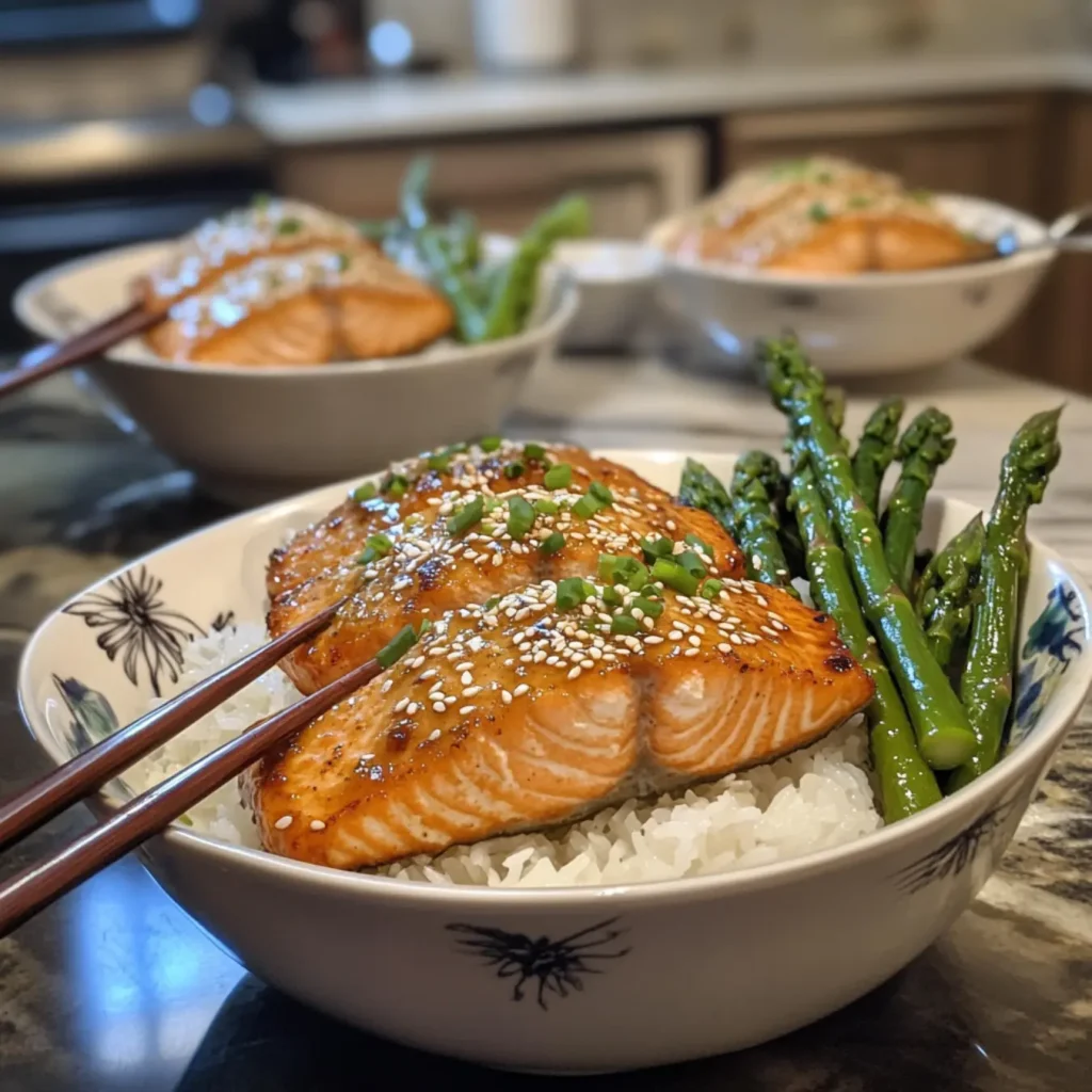 Bang Bang Salmon with garlic butter asparagus and jasmine rice.