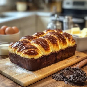 Braided chocolate chip brioche loaf on a wooden board.