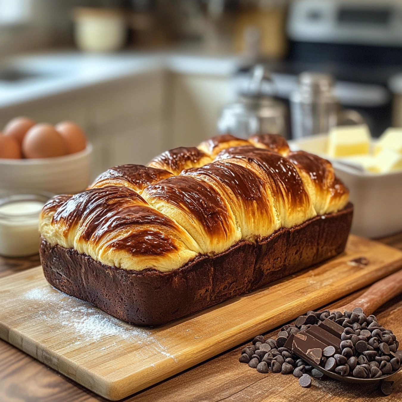 Braided chocolate chip brioche loaf on a wooden board.