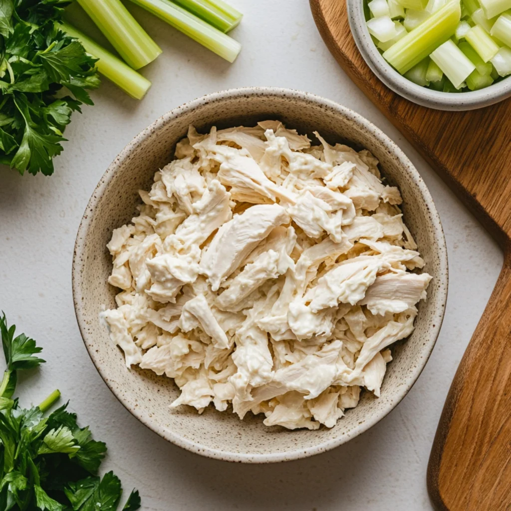 Shredding chicken tenderloins with celery and mayonnaise in view.