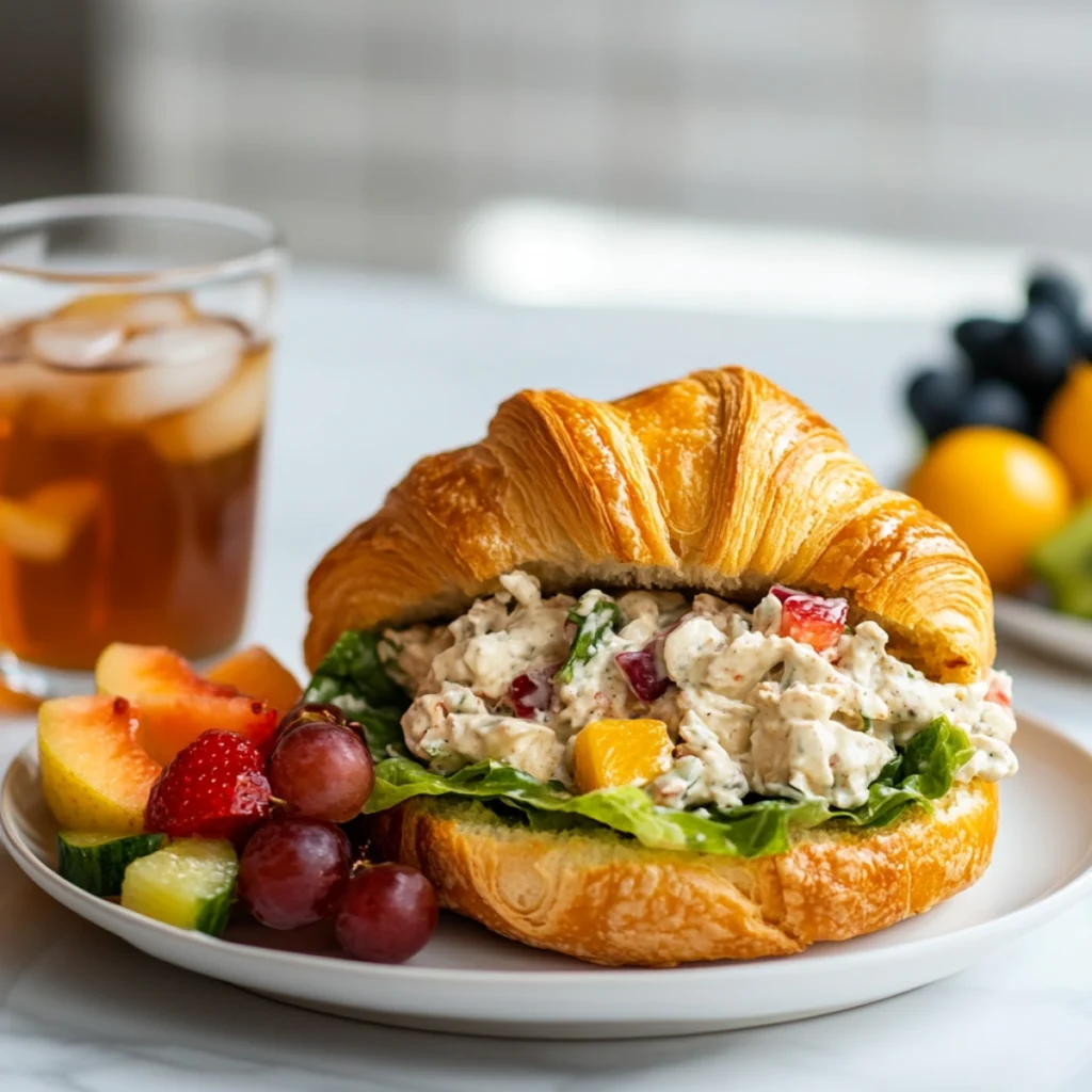 Chicken salad croissant sandwich with fruit and iced tea.