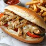 Chicken Philly cheesesteak with melted cheese and fries