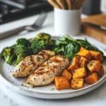 AIP meal with grilled chicken, sweet potatoes, and greens