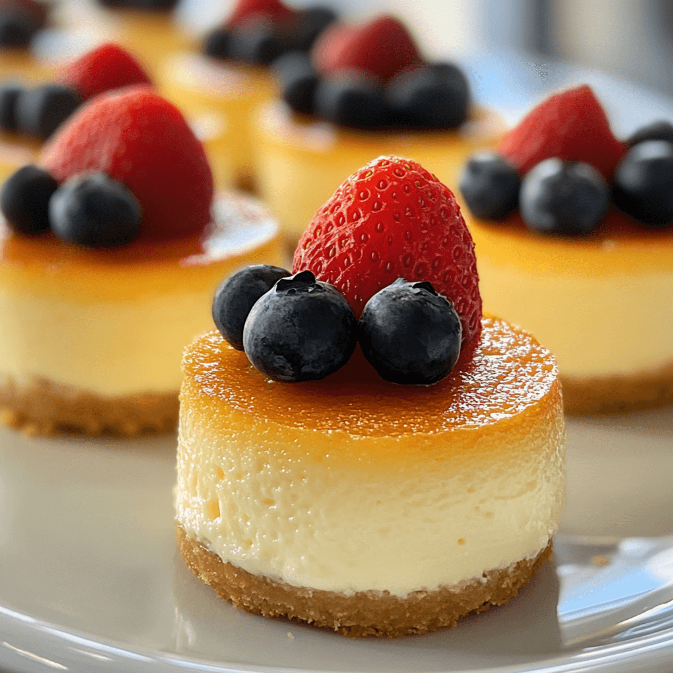 Perfectly baked mini cheesecakes with golden edges and fruit toppings.