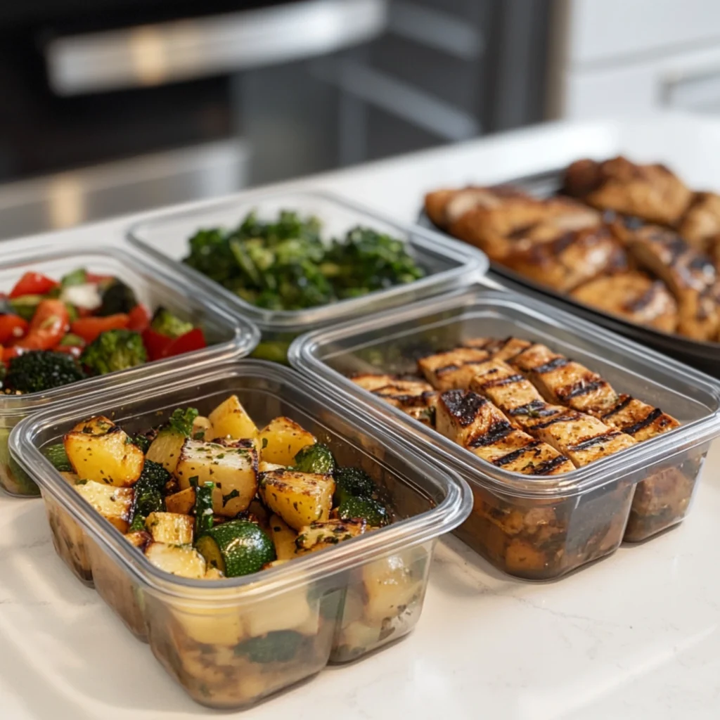 AIP meal prep with roasted vegetables and grilled chicken