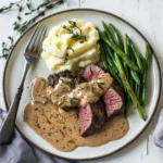 Venison cube steak with gravy, potatoes, and green beans