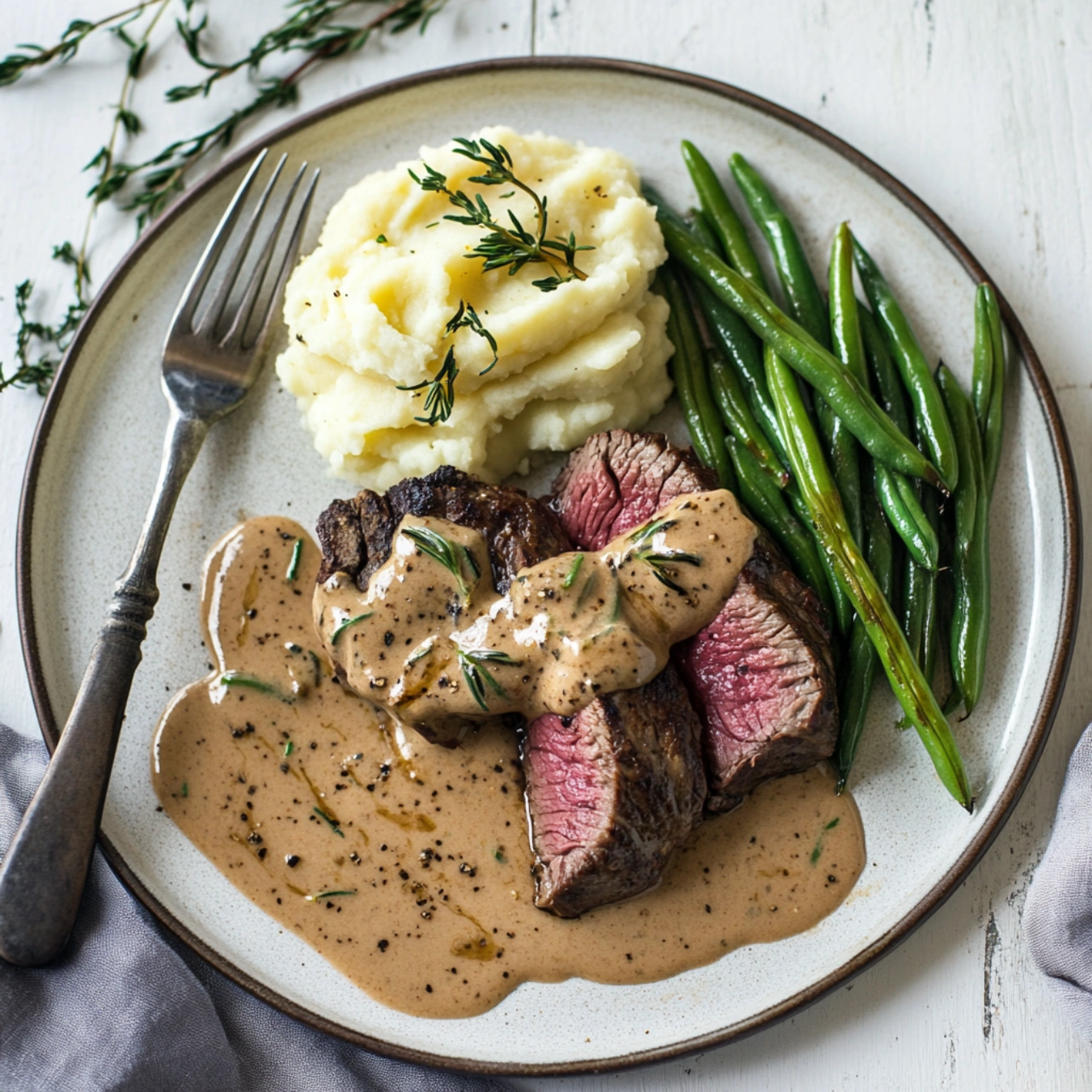 Venison cube steak with gravy, potatoes, and green beans